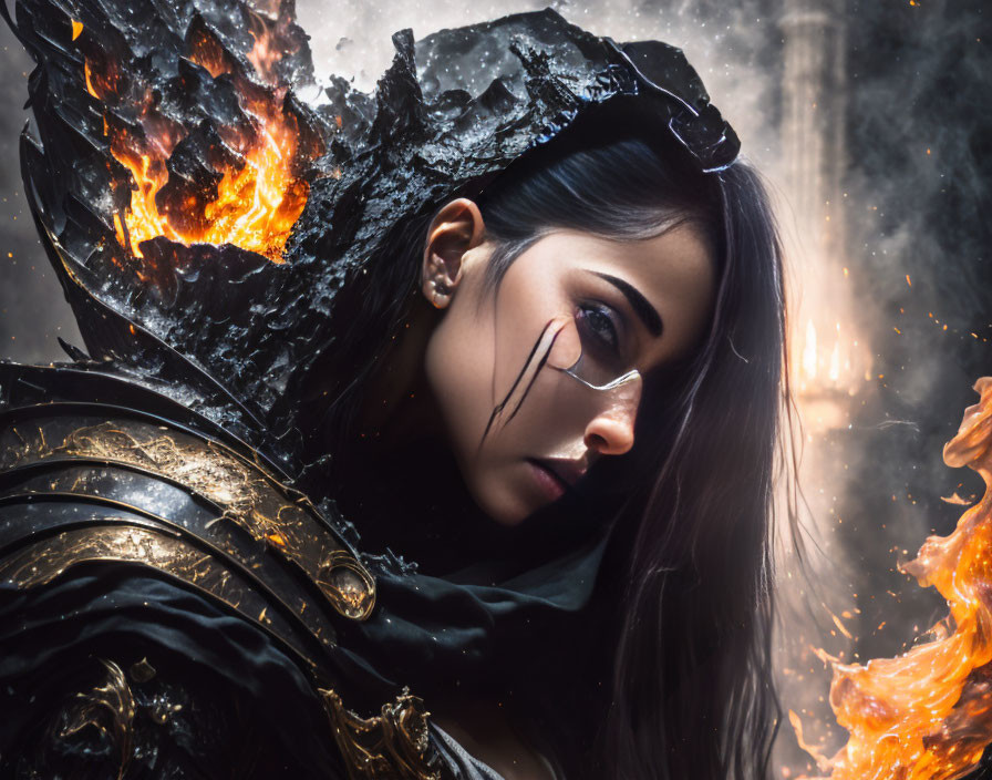 Dark ornate armor woman with fiery backdrop and crack-like facial mark.