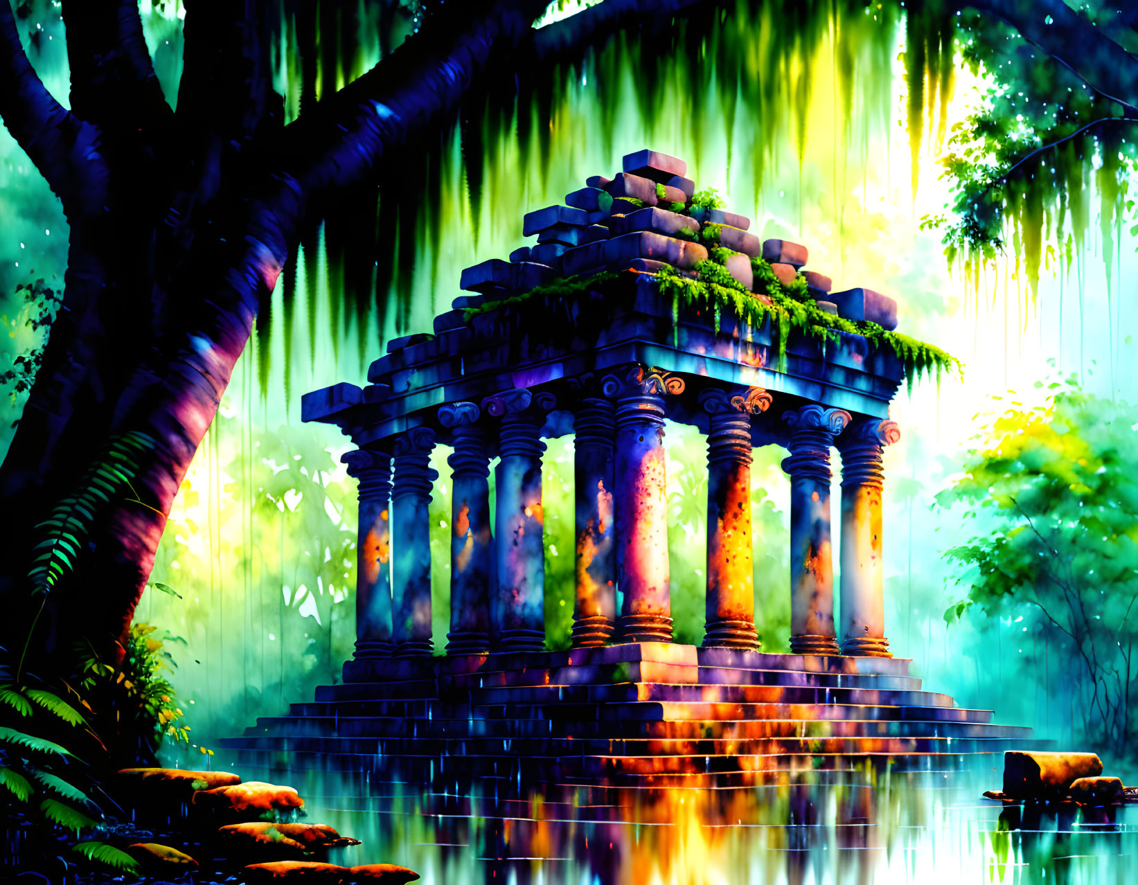 Mystical overgrown temple by a misty lake in vibrant blue and green light