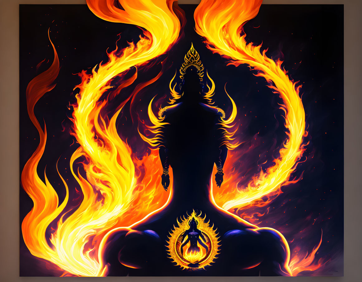 Digital artwork: Silhouetted figure with flaming hair and smaller illuminated figure within flame