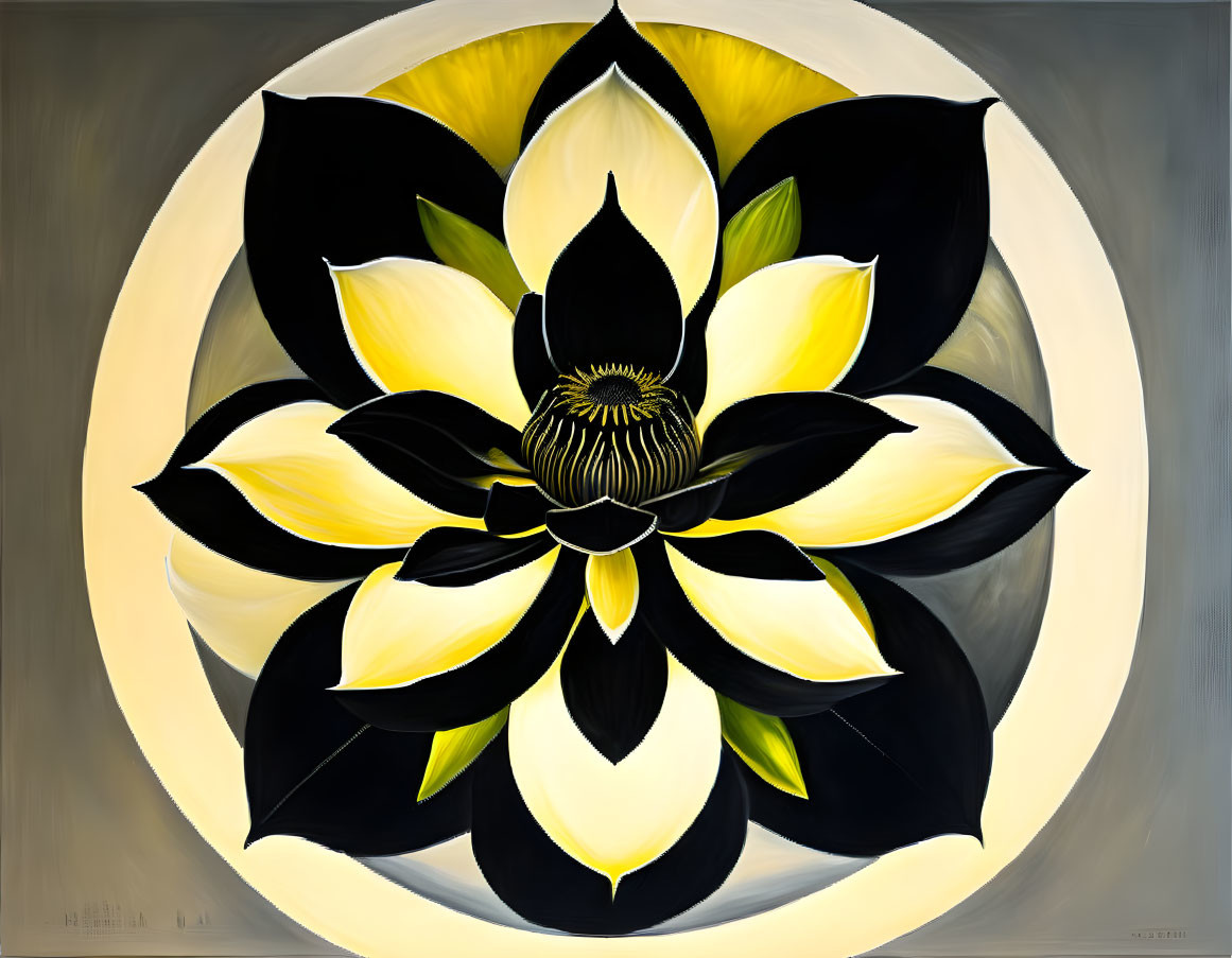 Symmetrical black and yellow flower painting on soft gradient background