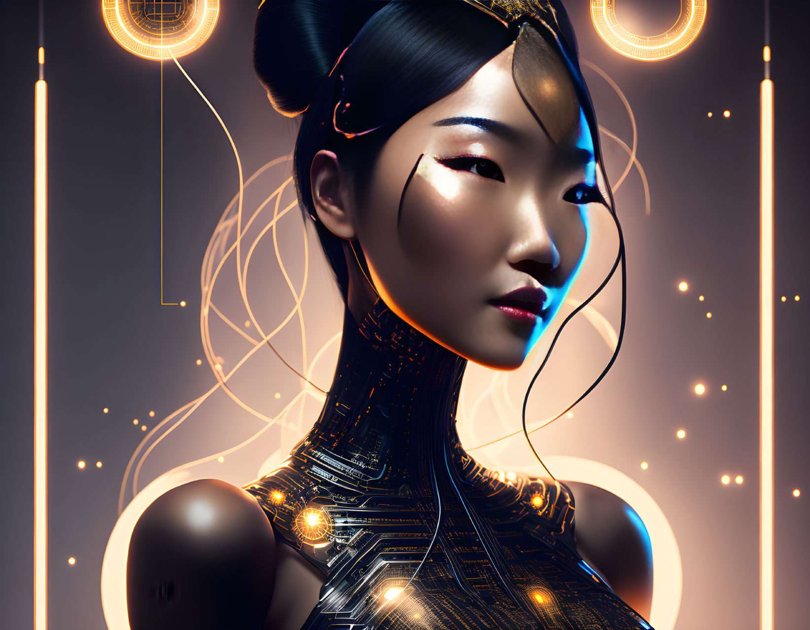 Futuristic portrait of woman with Asian features and cyborg neck design