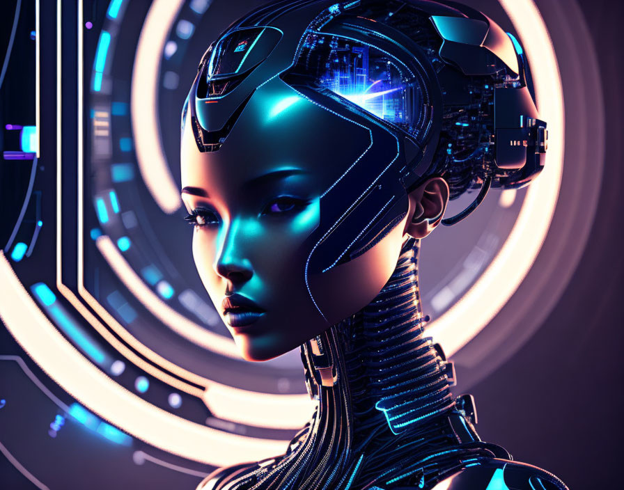 Detailed 3D Female Humanoid Robot with Cybernetic Features in Futuristic Setting