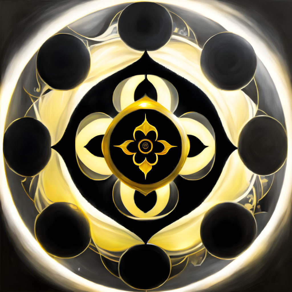 Abstract digital art: Golden flower emblem with swirling black and gold patterns on luminous background