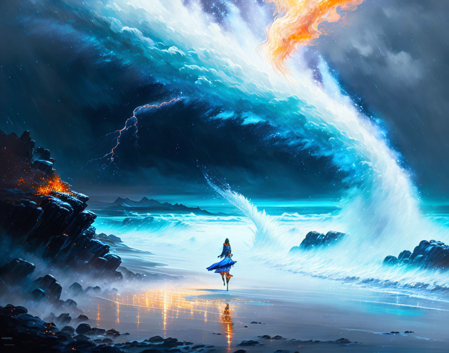 Reflective shoreline scene with surreal ocean waves and fiery skies