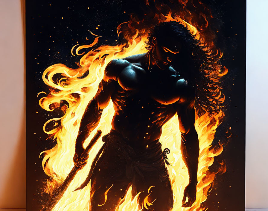 Muscular figure with sword in fiery cloak, surrounded by flames on starry backdrop