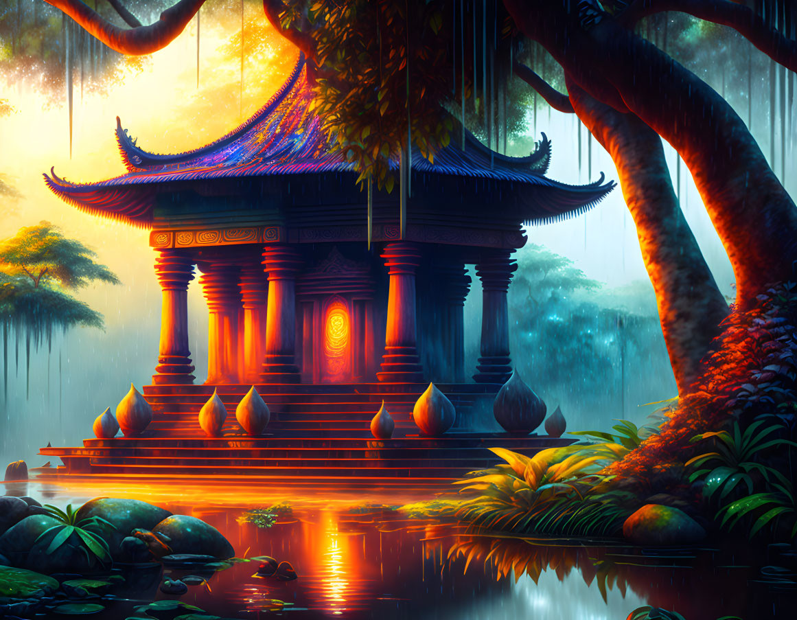 Ethereal Asian temple in mystical forest with sunlight and vibrant foliage