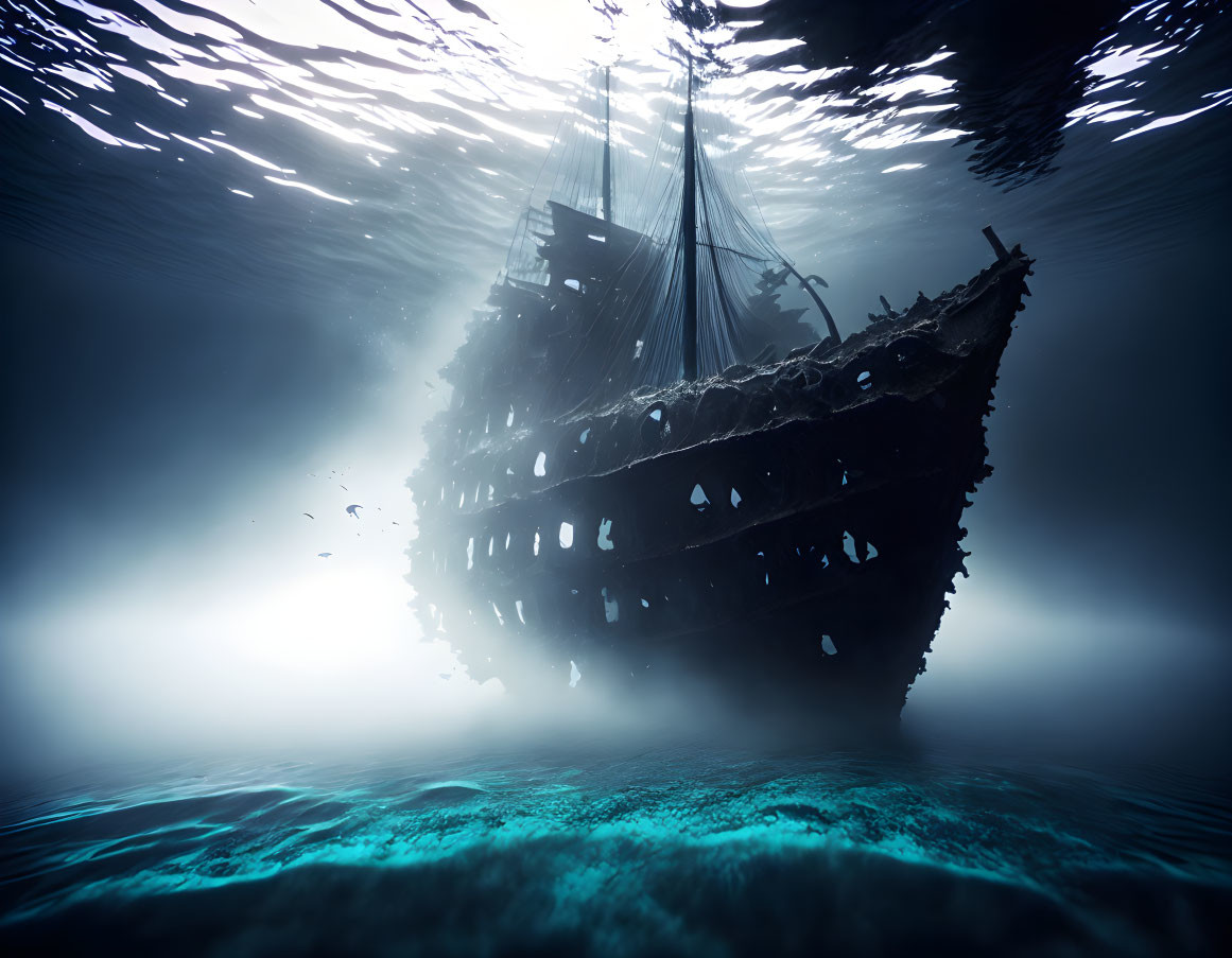 Sunken ship silhouette illuminated underwater