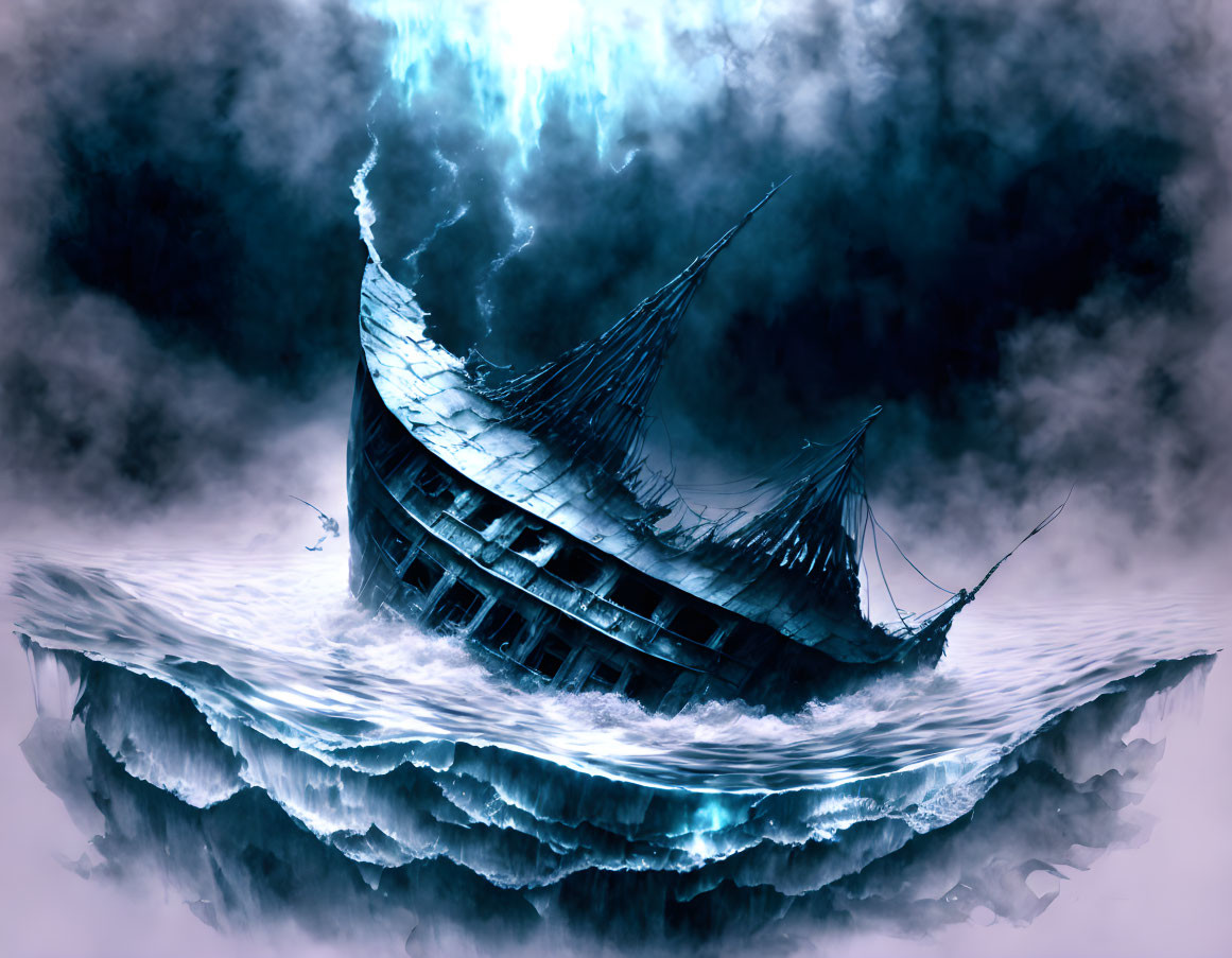 Ghostly ship in misty waters with lightning from stormy skies