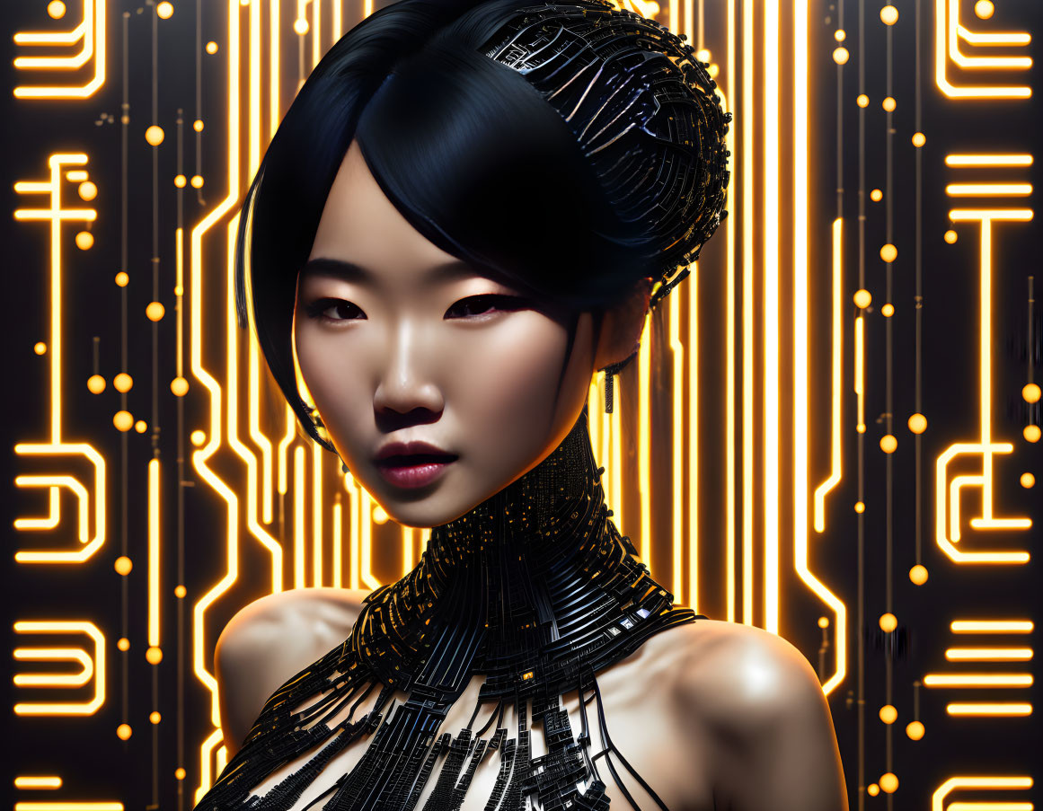 Futuristic portrait of woman with black hair and cybernetic attire on orange circuitry backdrop