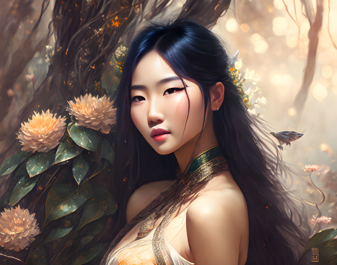 Digital artwork: Woman with long dark hair in ornate golden outfit among blossoming flowers and soft light