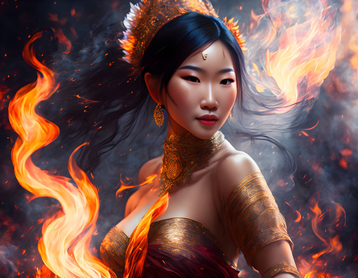 Illustrated woman adorned with golden jewelry engulfed in swirling flames on dark background