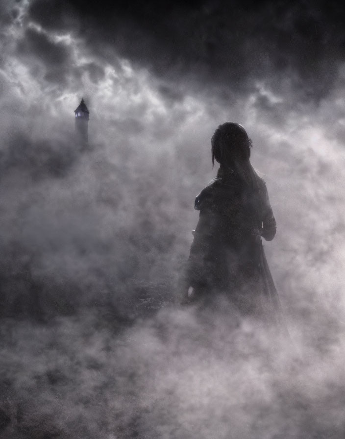 Person's silhouette in mist with tower through clouds