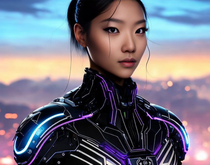 Futuristic black and purple armor suit on young woman in cityscape.