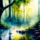 Tranquil forest landscape with sunbeams, river, and lush greenery