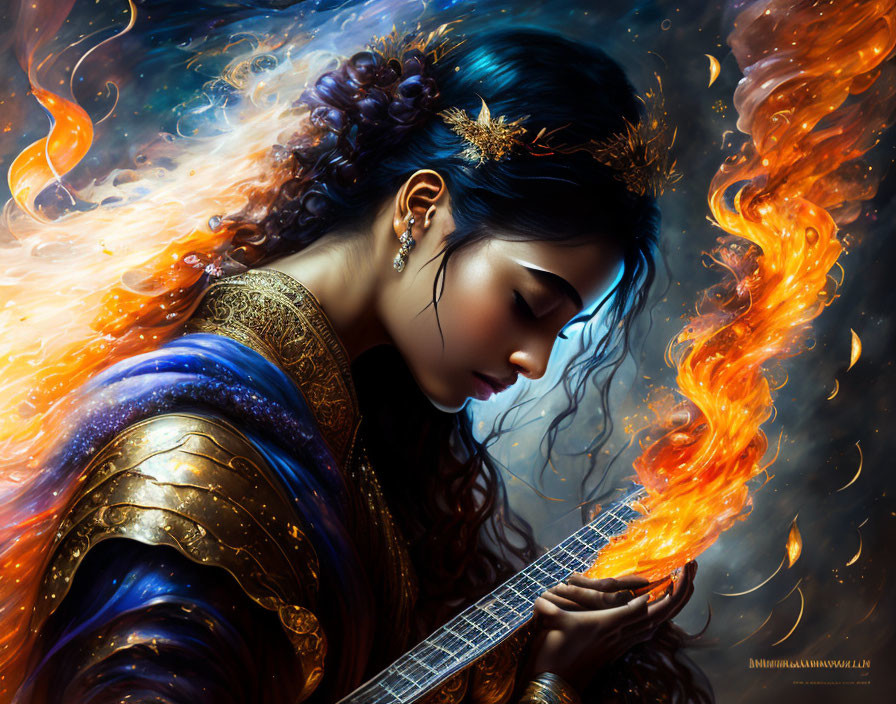 Woman in ornate attire playing stringed instrument with fiery wave.