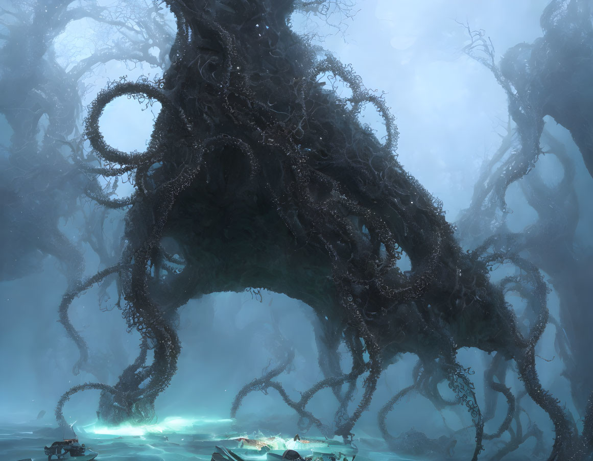 Mystical giant tree in ethereal forest with foggy atmosphere and small boats