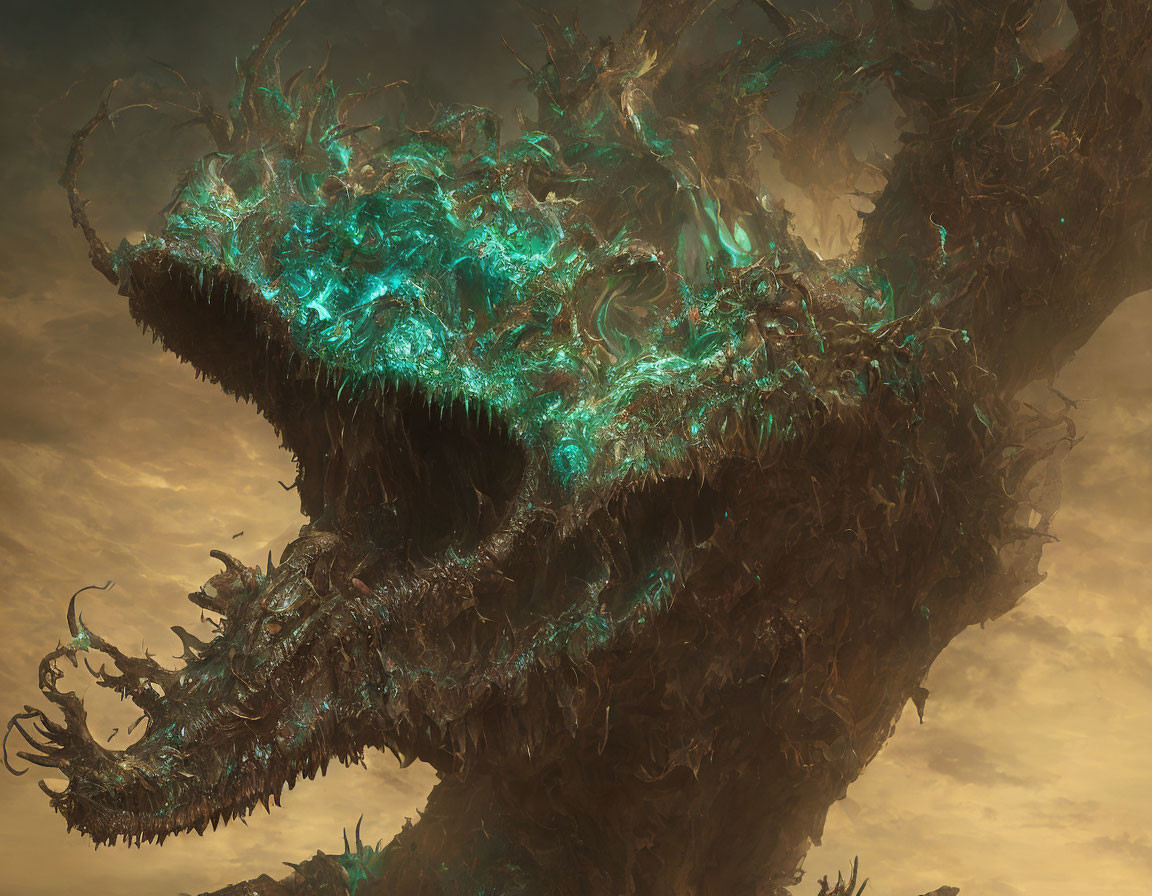 Monstrous dragon-like creature with teal veins and spikes in stormy sky