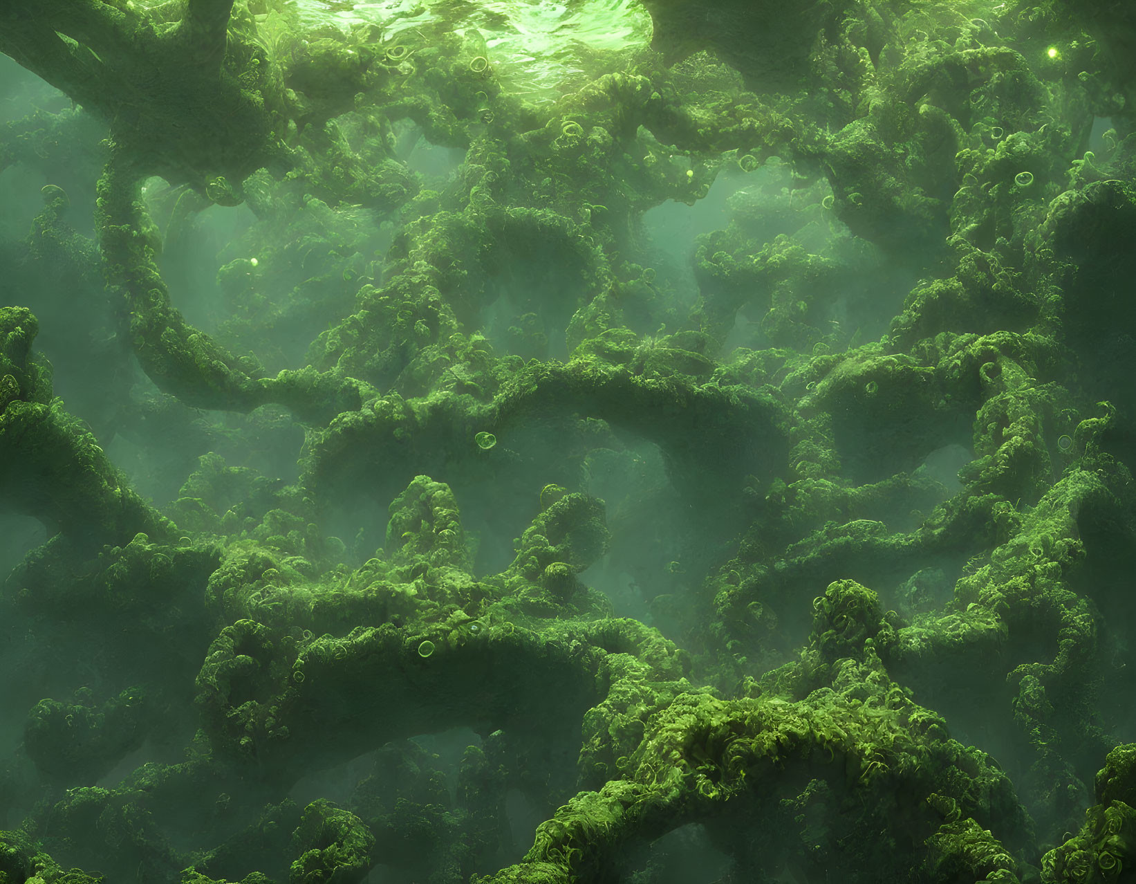 Tranquil underwater scene with moss-covered branches and soft green light.