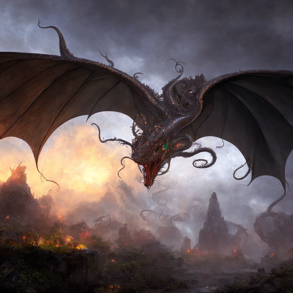 Majestic dragon with expansive wings in ruinous landscape