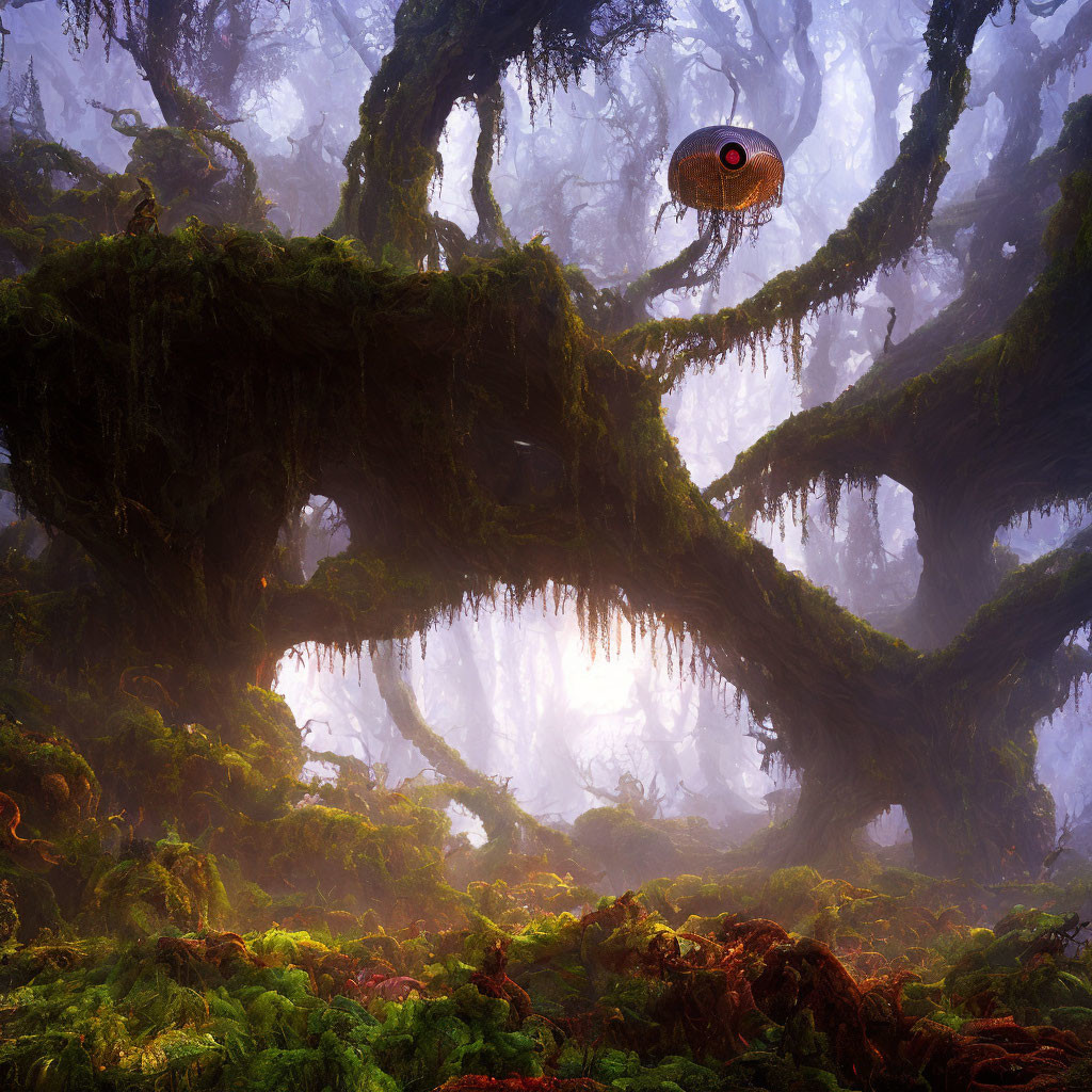 Enchanted forest with moss, twisted trees, and hovering one-eyed creature.