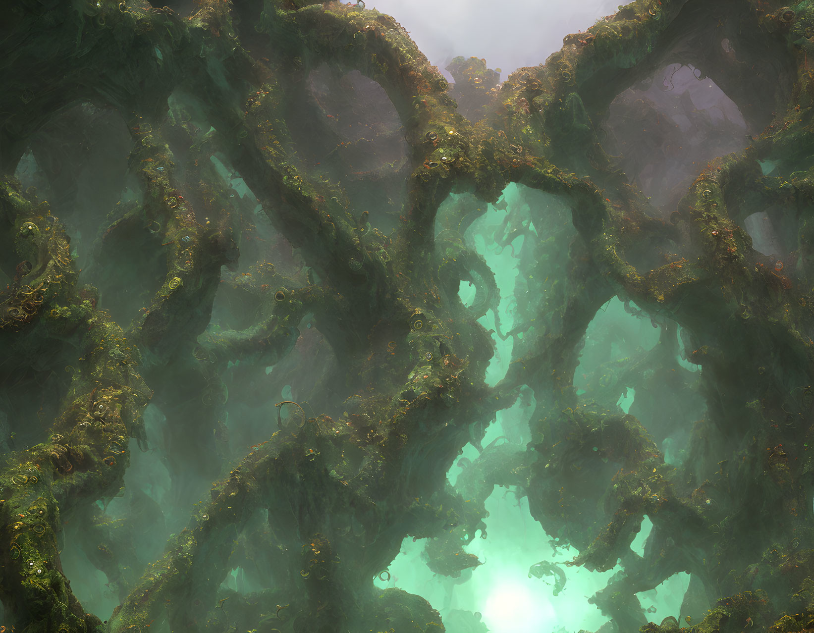 Moss-Covered Landscape with Organic Arches and Glowing Abyss