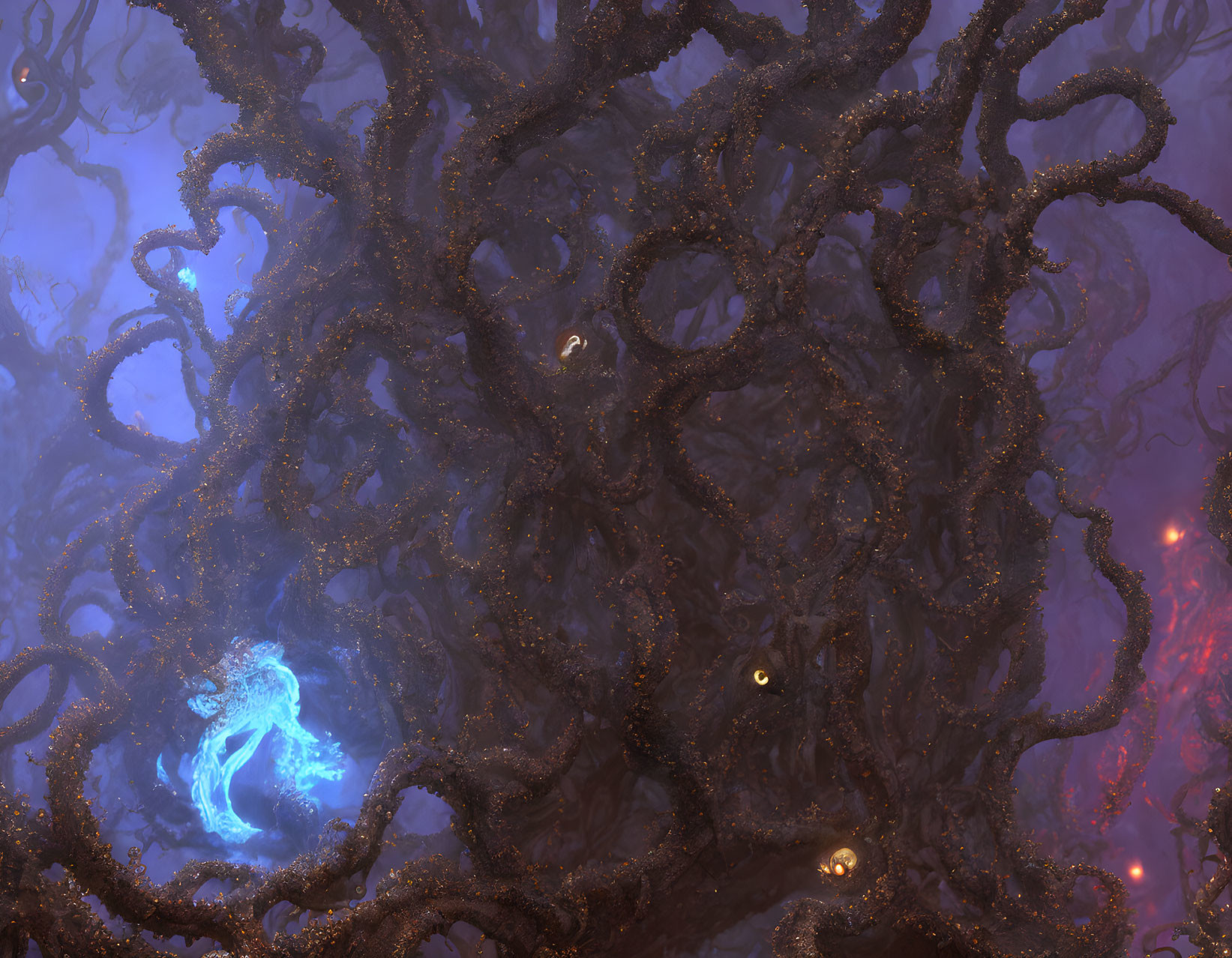 Dark branches and glowing blue figure in mystical setting