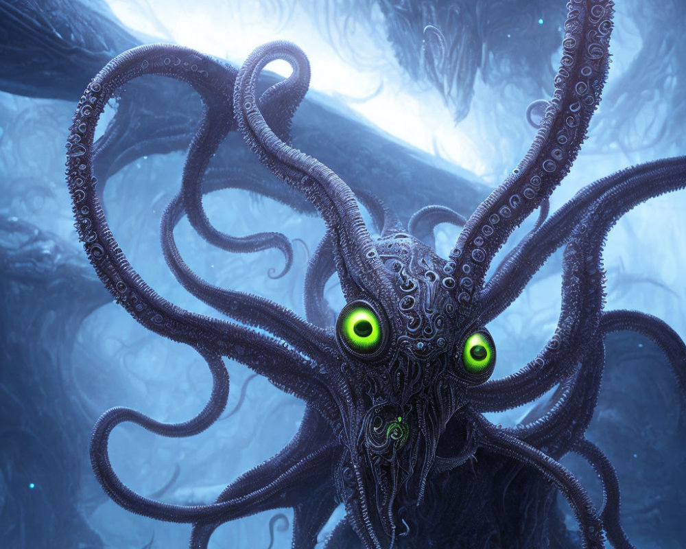 Detailed Illustration: Octopus-like Creature with Glowing Green Eyes in Mysterious Underwater Setting