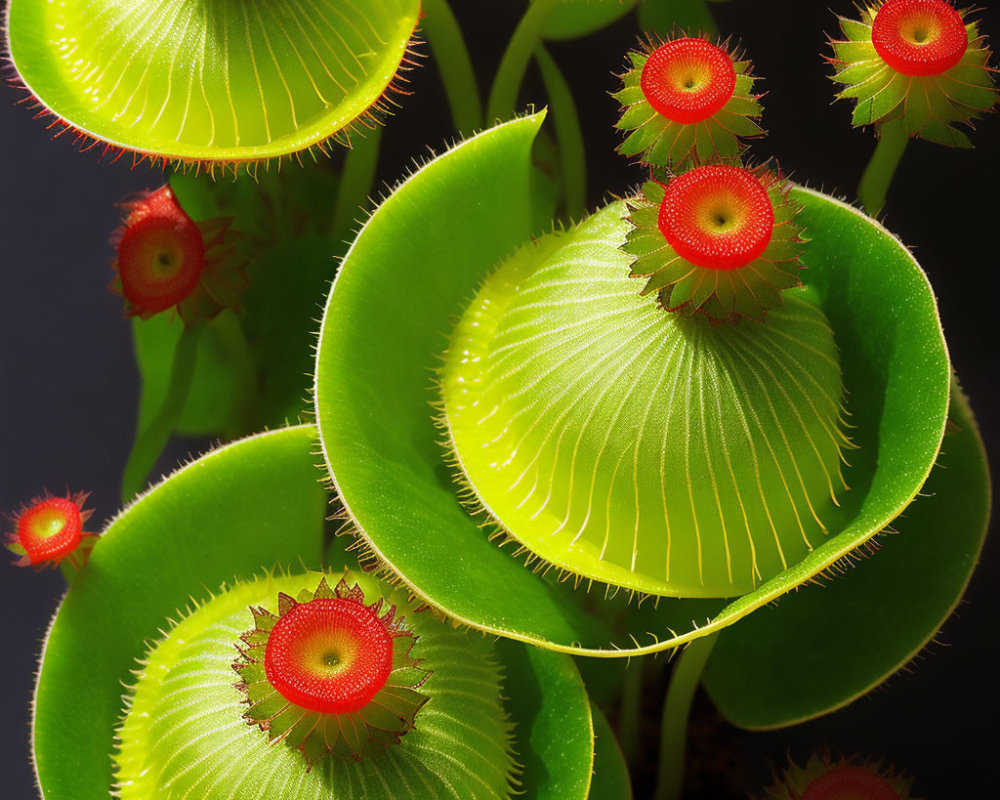 Green Venus Flytrap Plants with Red Interiors and Sharp Teeth on Dark Background