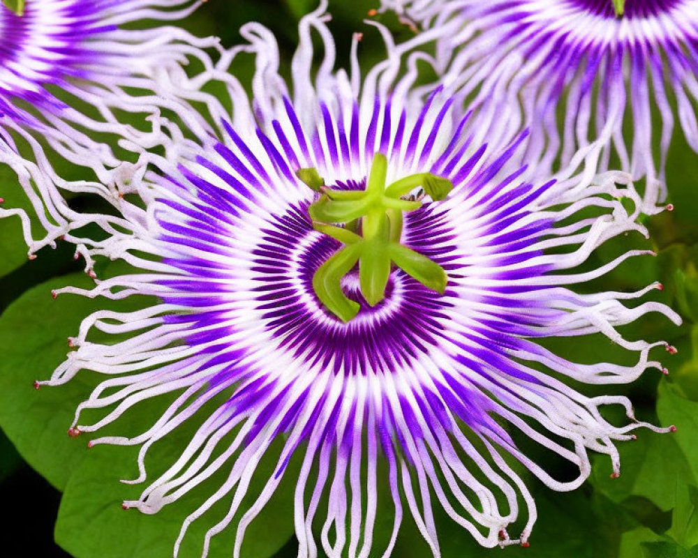 Colorful passion flower with purple and white corona and lush green foliage