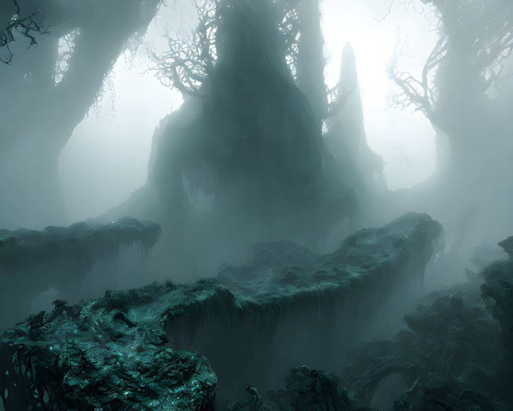 Misty forest with gnarled trees and moss-covered ground in eerie landscape