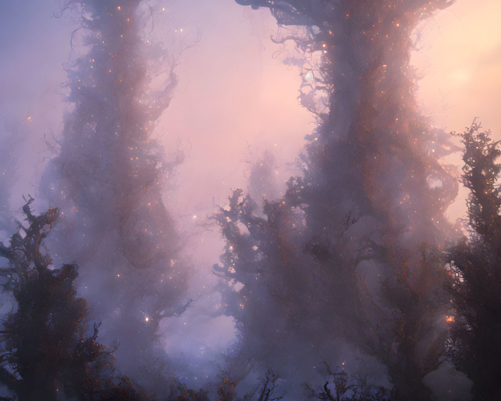 Mystical forest with glowing, twisted trees in mist