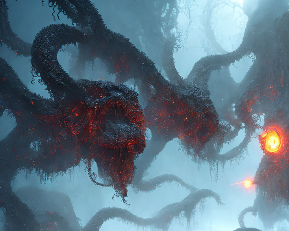 Fantastical red-eyed tentacles in misty blue forest with orbs