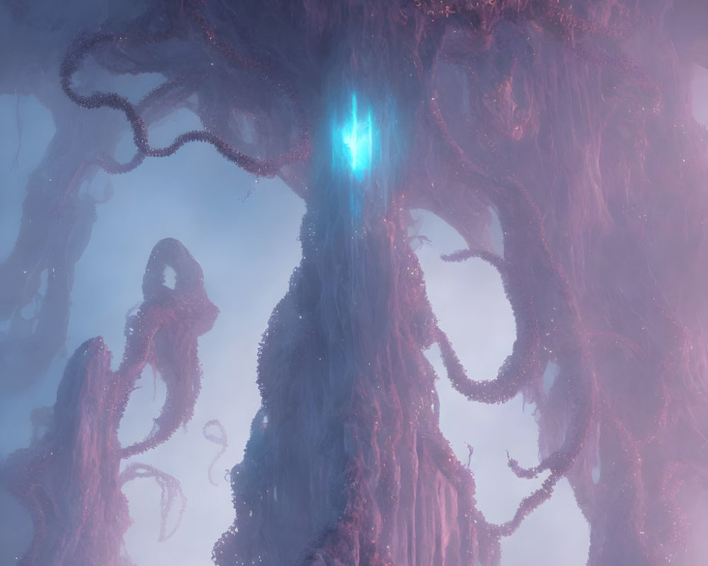 Purple forest with twisting root-like structures and glowing blue light