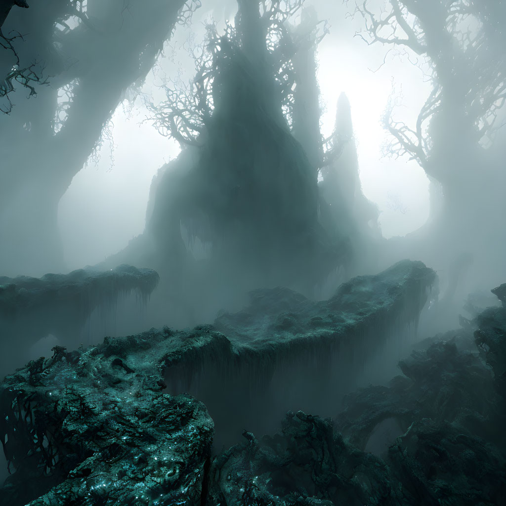 Misty forest with gnarled trees and moss-covered ground in eerie landscape