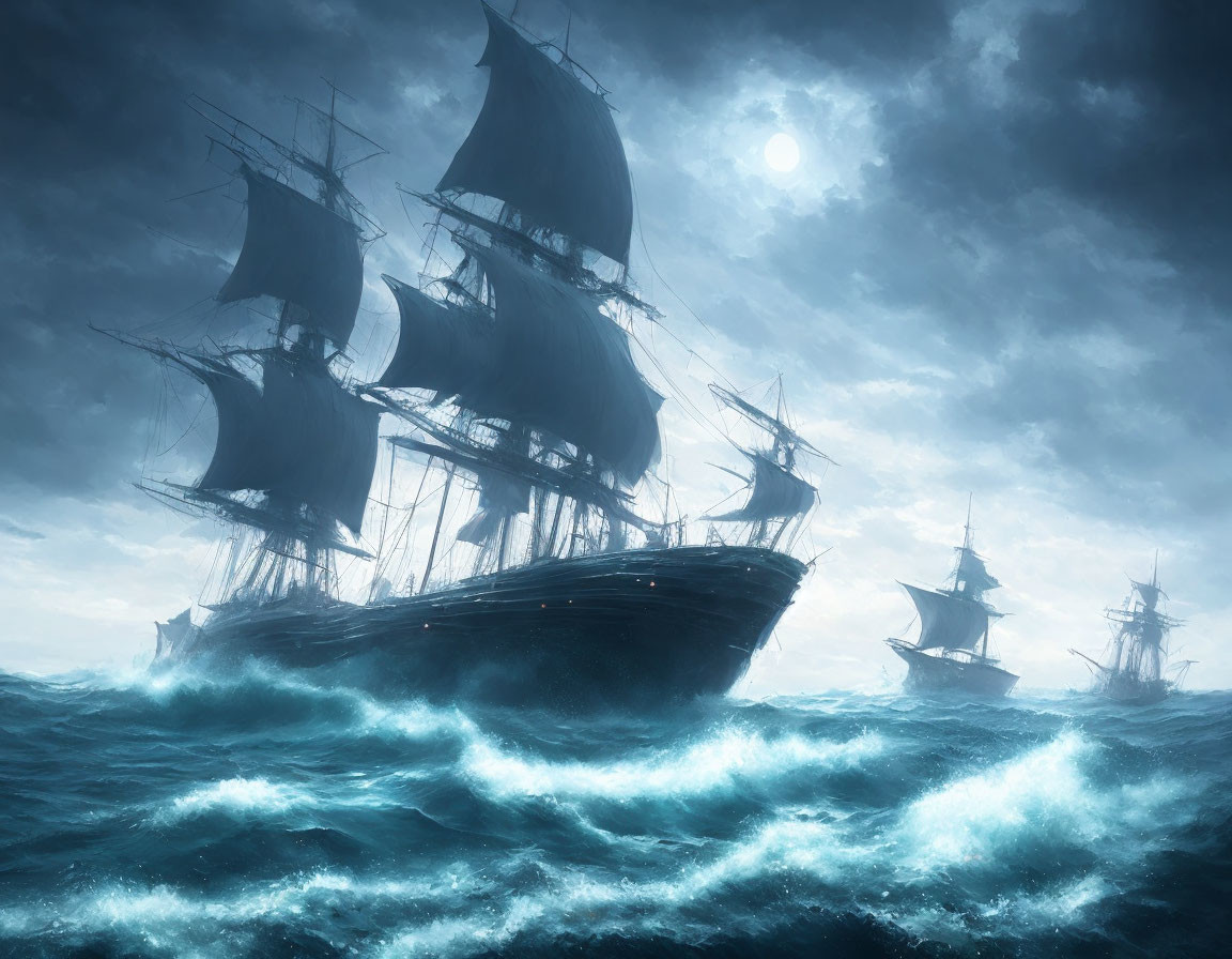 Sailing ships with billowing sails on stormy ocean under cloudy sky