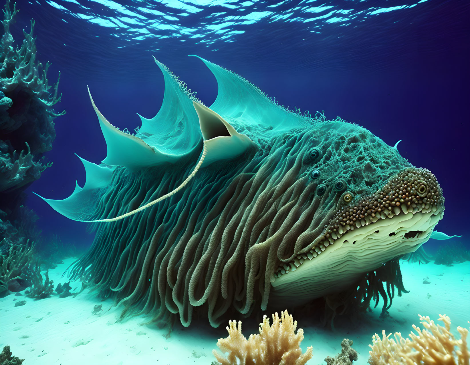 Sea Creature with Elephant-Like Tusks and Dorsal Fins in Vibrant Underwater Scene