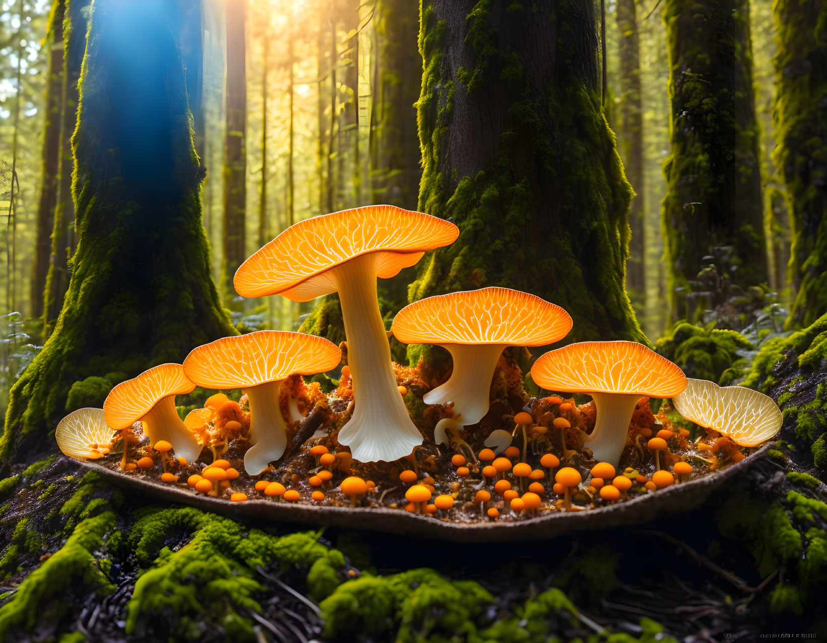 Vibrant Orange Mushrooms in Moss-Covered Forest