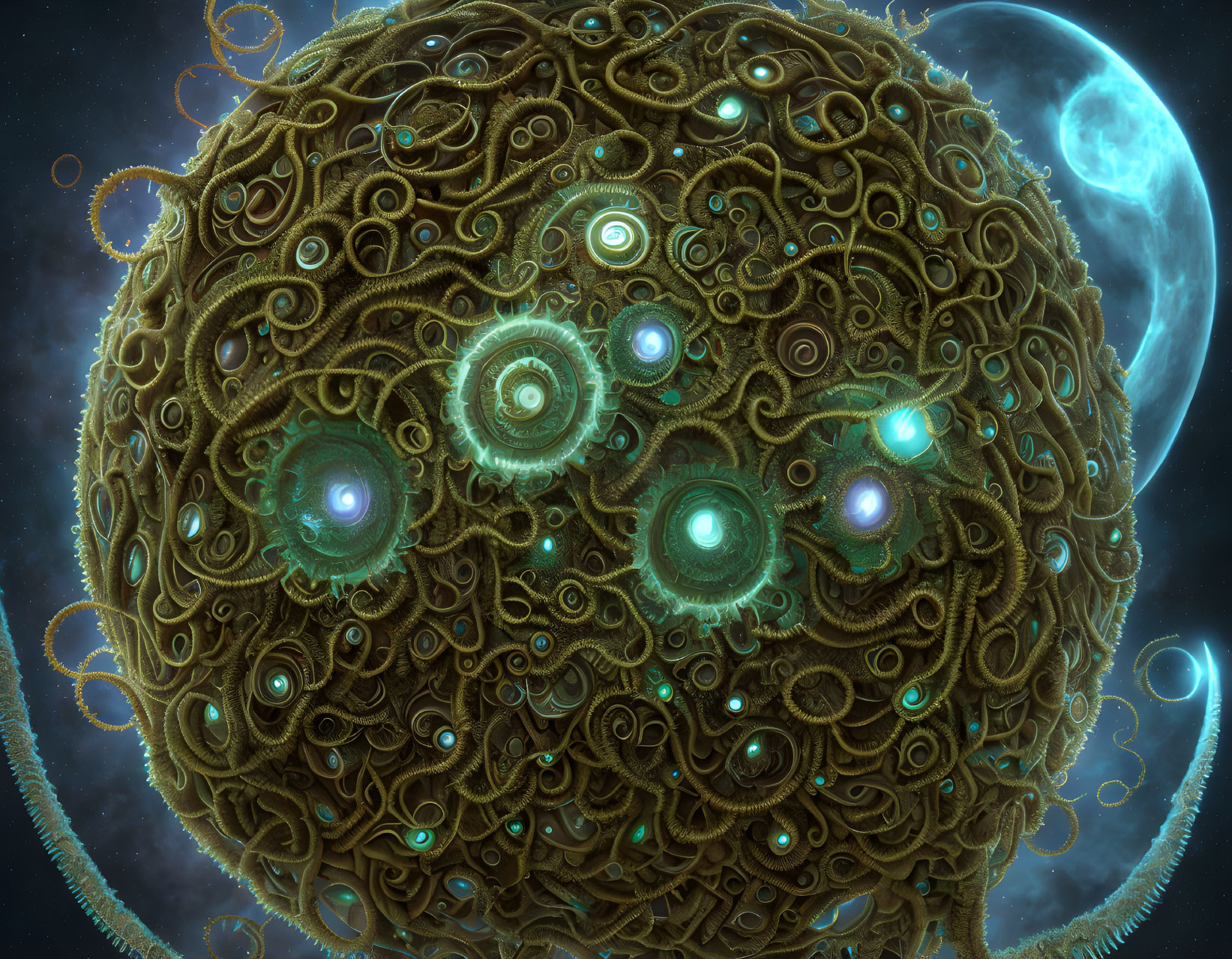 Intricate surreal sphere with glowing turquoise elements on cosmic backdrop