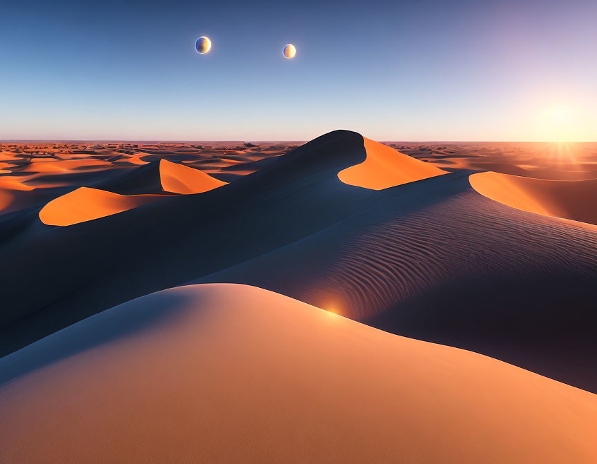 Serene desert sunrise with dual moons in clear sky