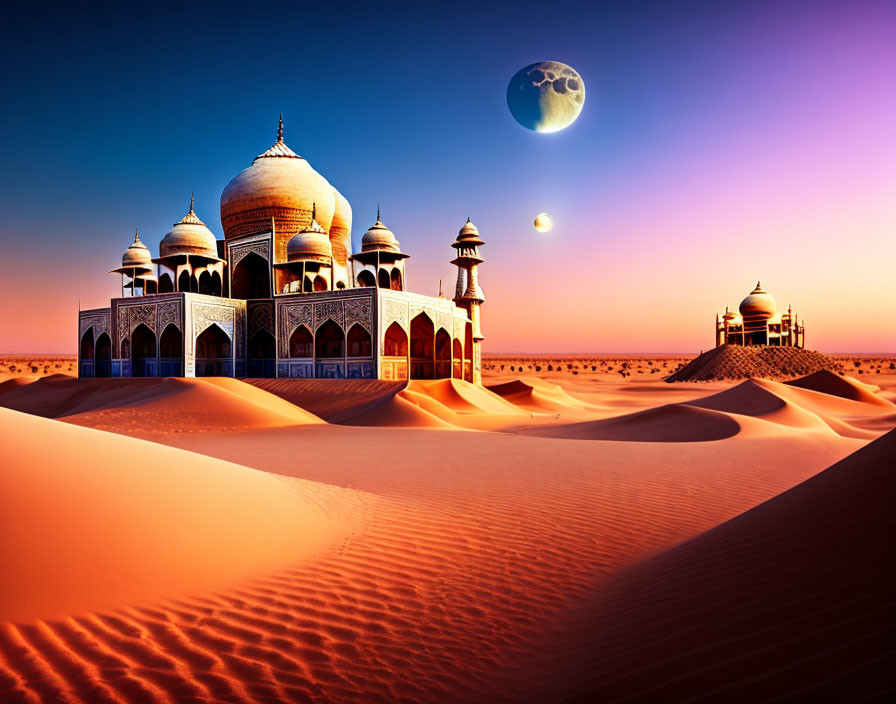 Surreal image: Taj Mahal in desert dunes under twilight sky