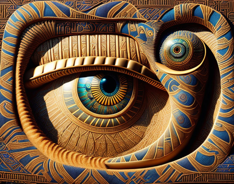 Eye of Horus Digital Artwork with Egyptian Motifs & Symbols in Golden & Blue Tones