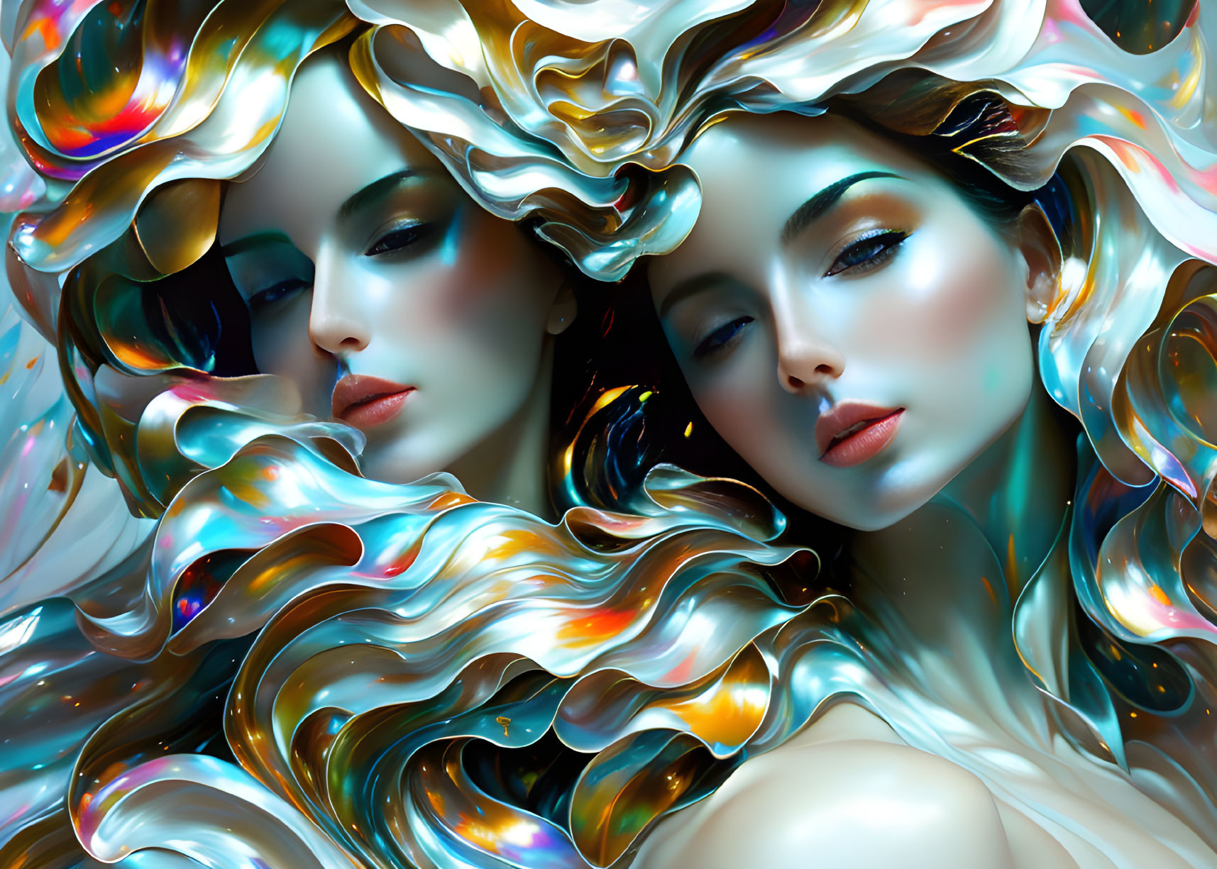 Two women with flowing iridescent hair and metallic skin in surreal art.