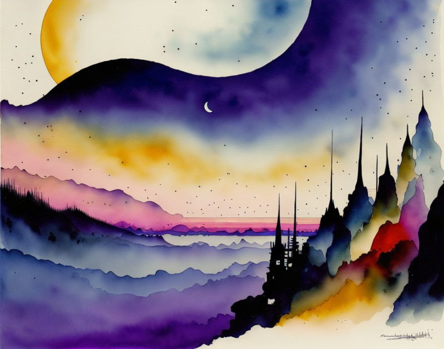 Dreamlike Watercolor Painting of Layered Mountains and Vibrant Sunset Sky