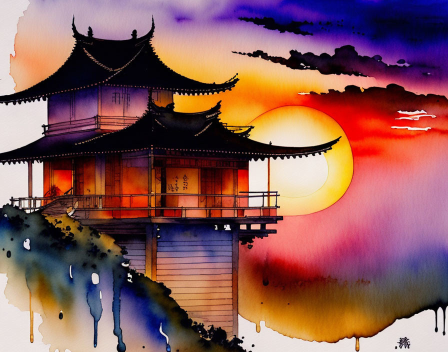 Traditional Asian Pagoda Watercolor Painting at Sunset with Purple, Orange, and Yellow Hues