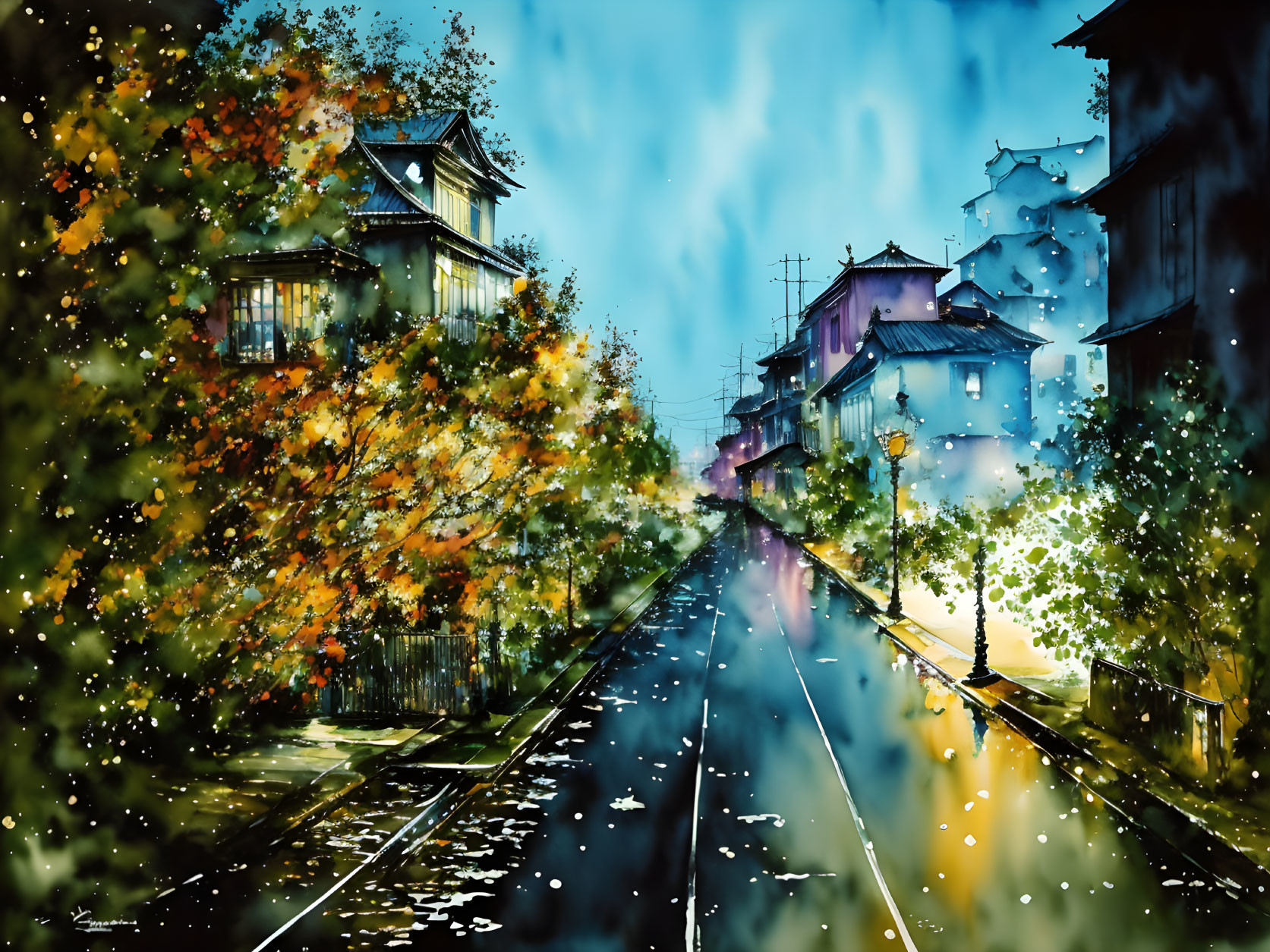 Vibrant painting of railway track, houses, and autumn trees under a blue, cloudy sky