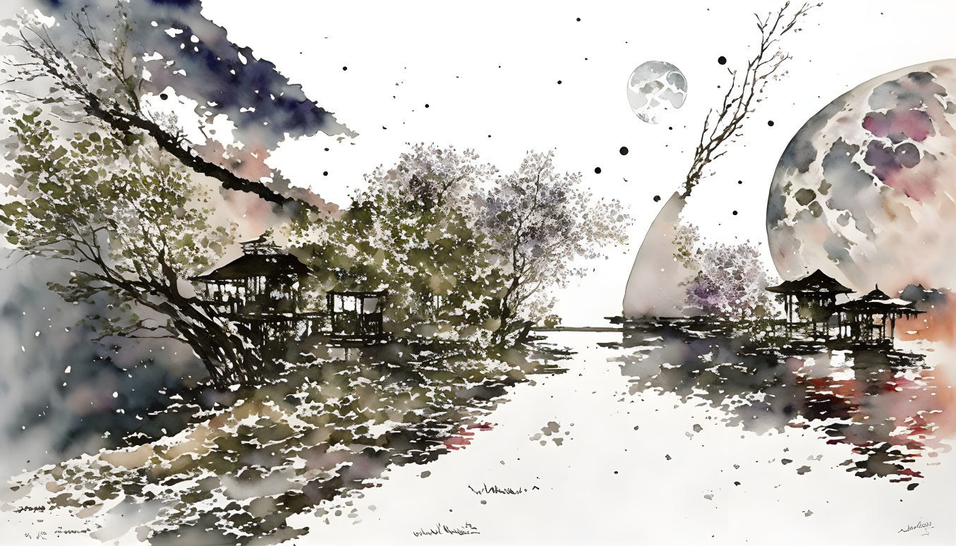 Serene lakeside watercolor with gazebos, trees, and oversized moons