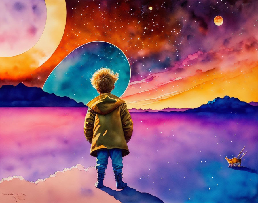 Child admires surreal cosmic landscape with colorful clouds, two moons, stars, and small dog.