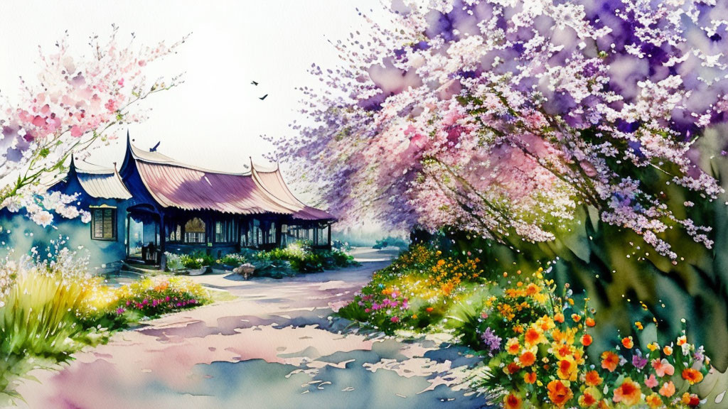 Traditional Pavilion Watercolor Illustration in Lush Garden