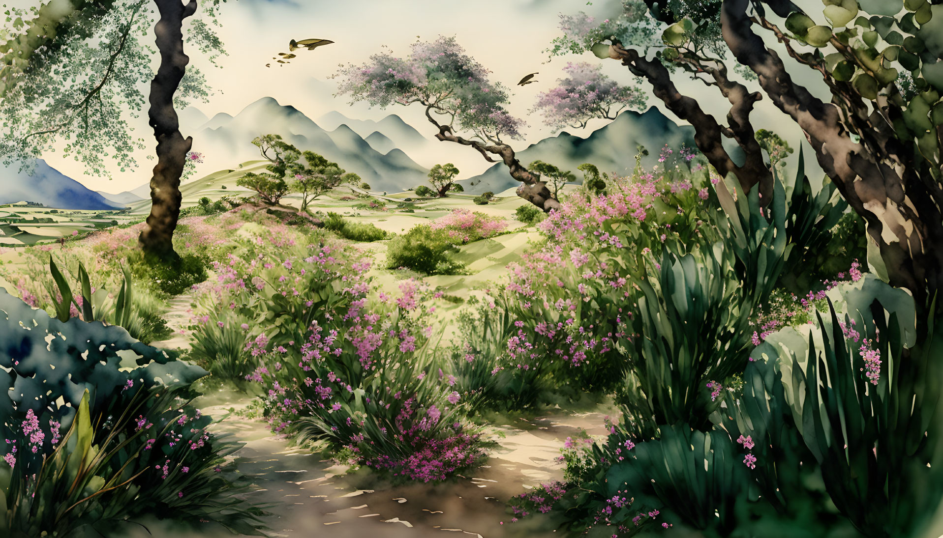 Scenic landscape with purple flowers, green hills, and mountains under a bird-filled sky