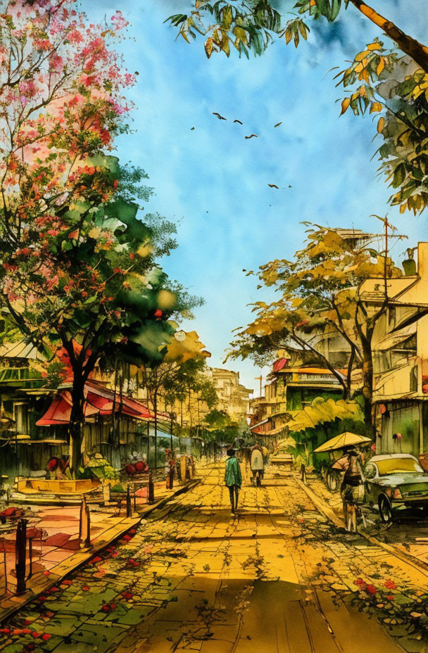 Colorful Watercolor Street Scene with Pedestrians, Trees, and Cars